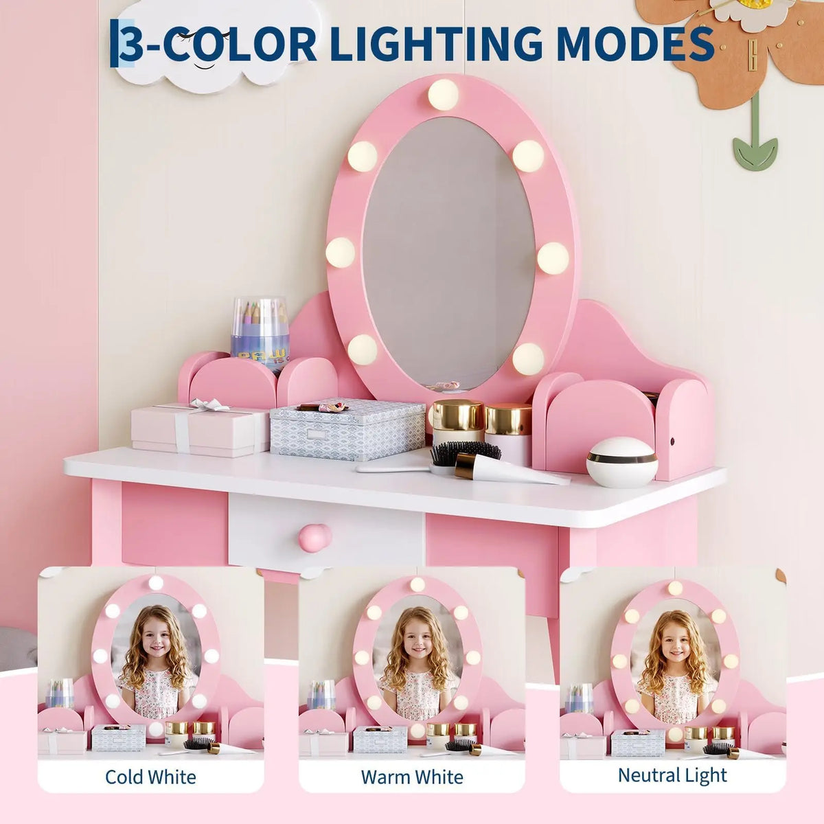 HiMISS Kids Wooden Vanity Set With Lighted Mirror And Storage