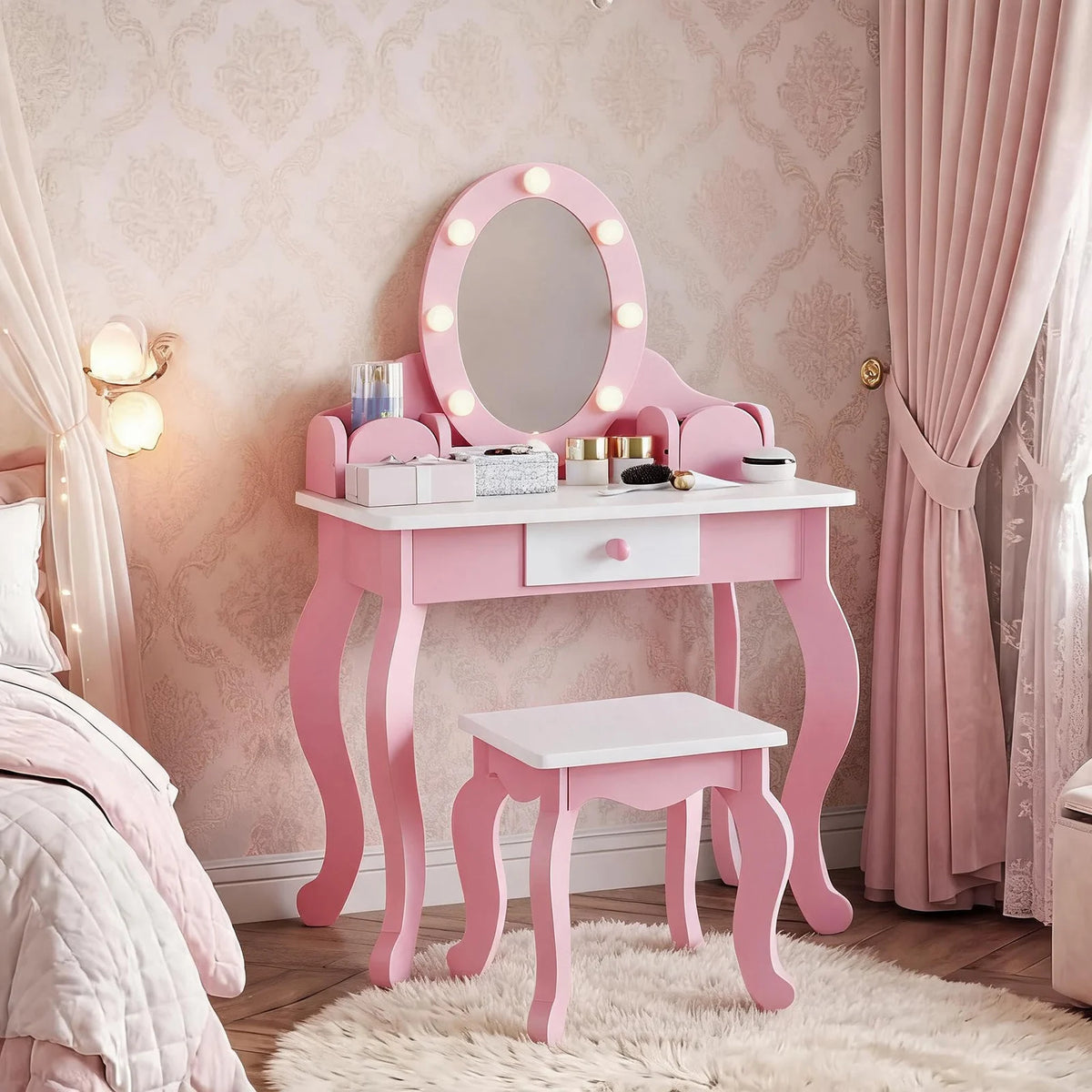 HiMISS Kids Wooden Vanity Set With Lighted Mirror And Storage