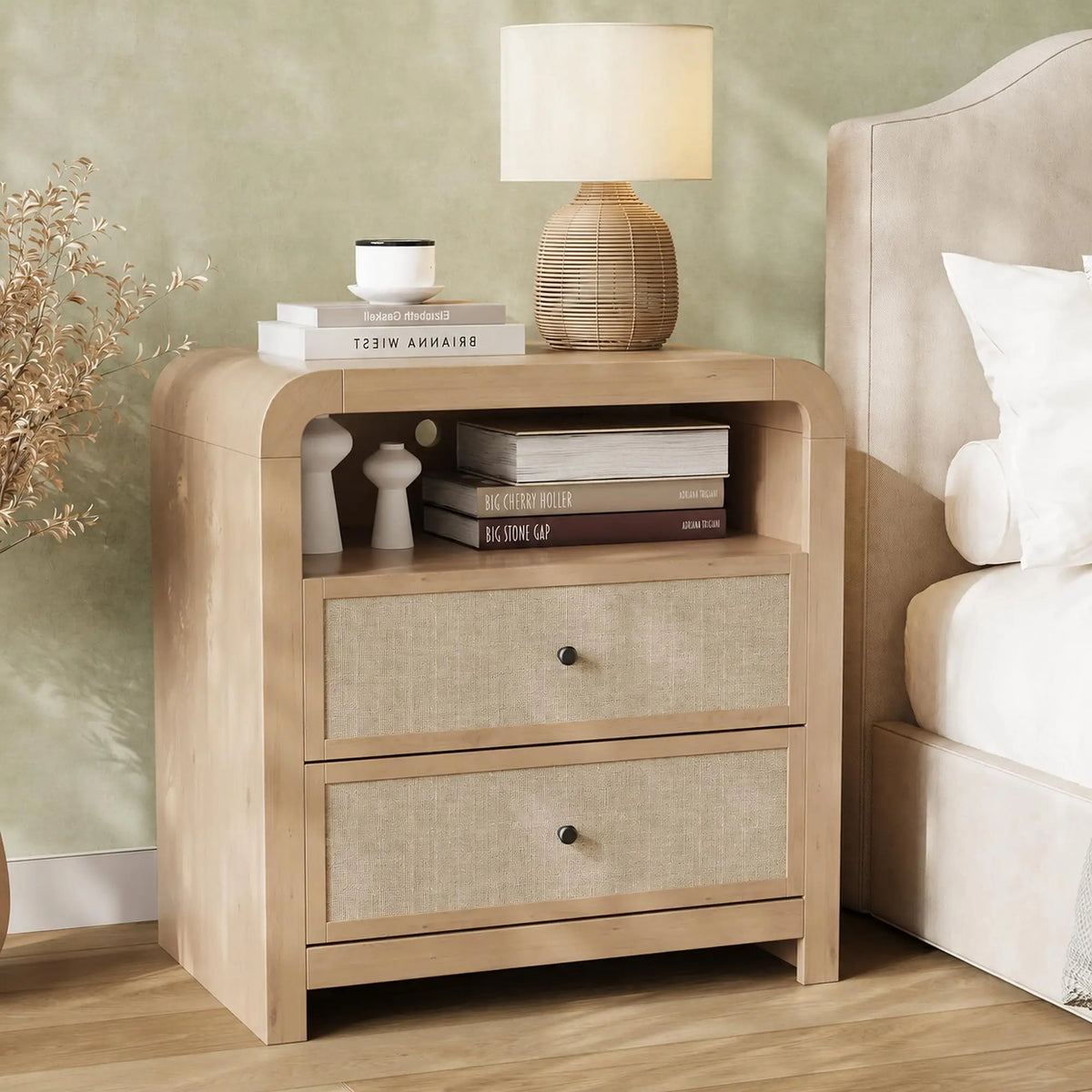 HiMISS Charging Nightstand With Two Drawers USB Ports And Outlets