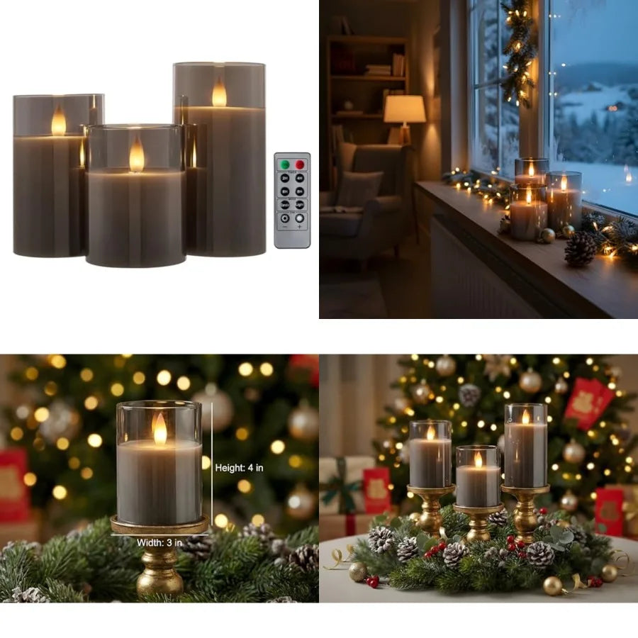 Glass Flameless Pillar Candles With Led Flickering Flames And Remote Timer