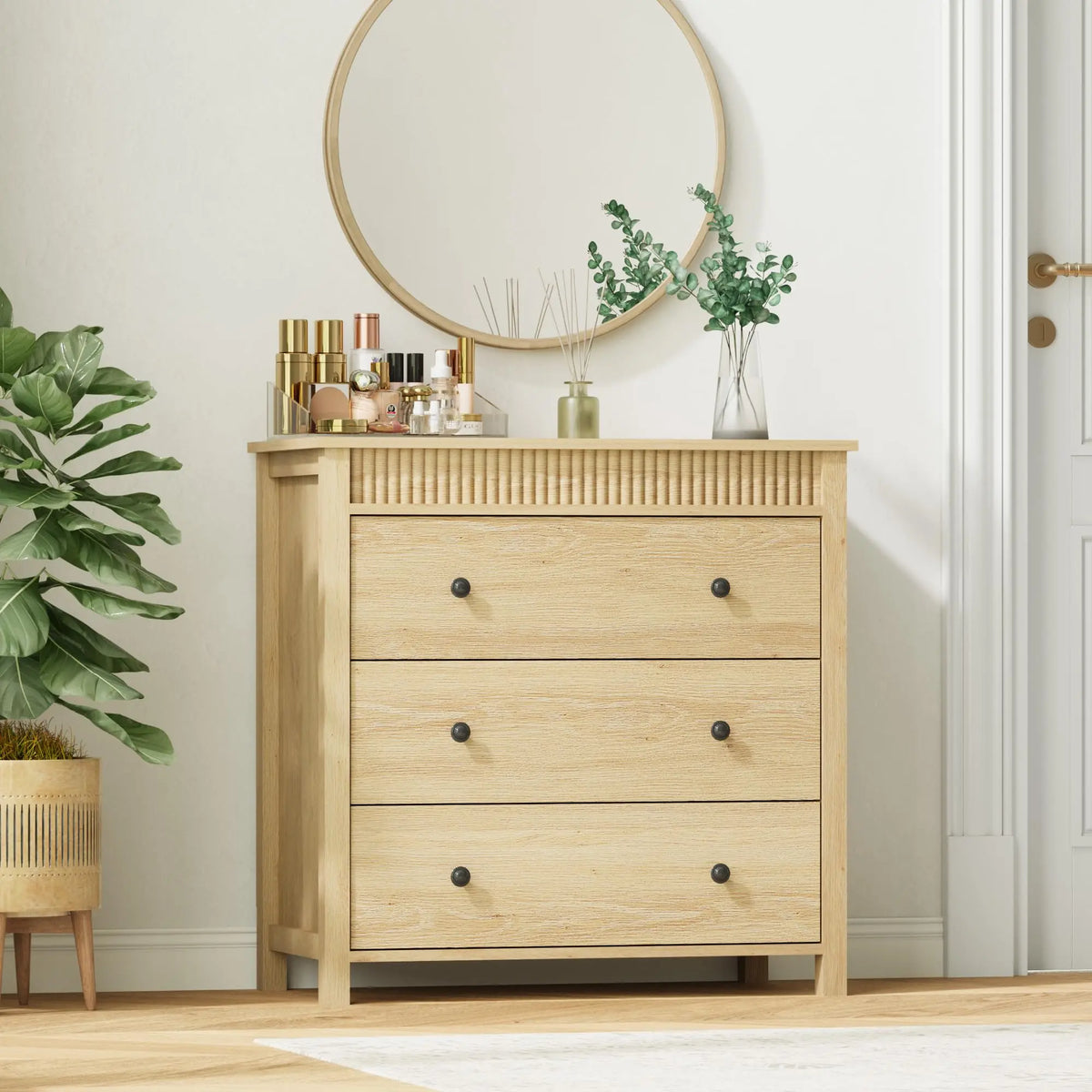 HiMISS Fluted Nightstand With Three Drawers For Bedroom Storage
