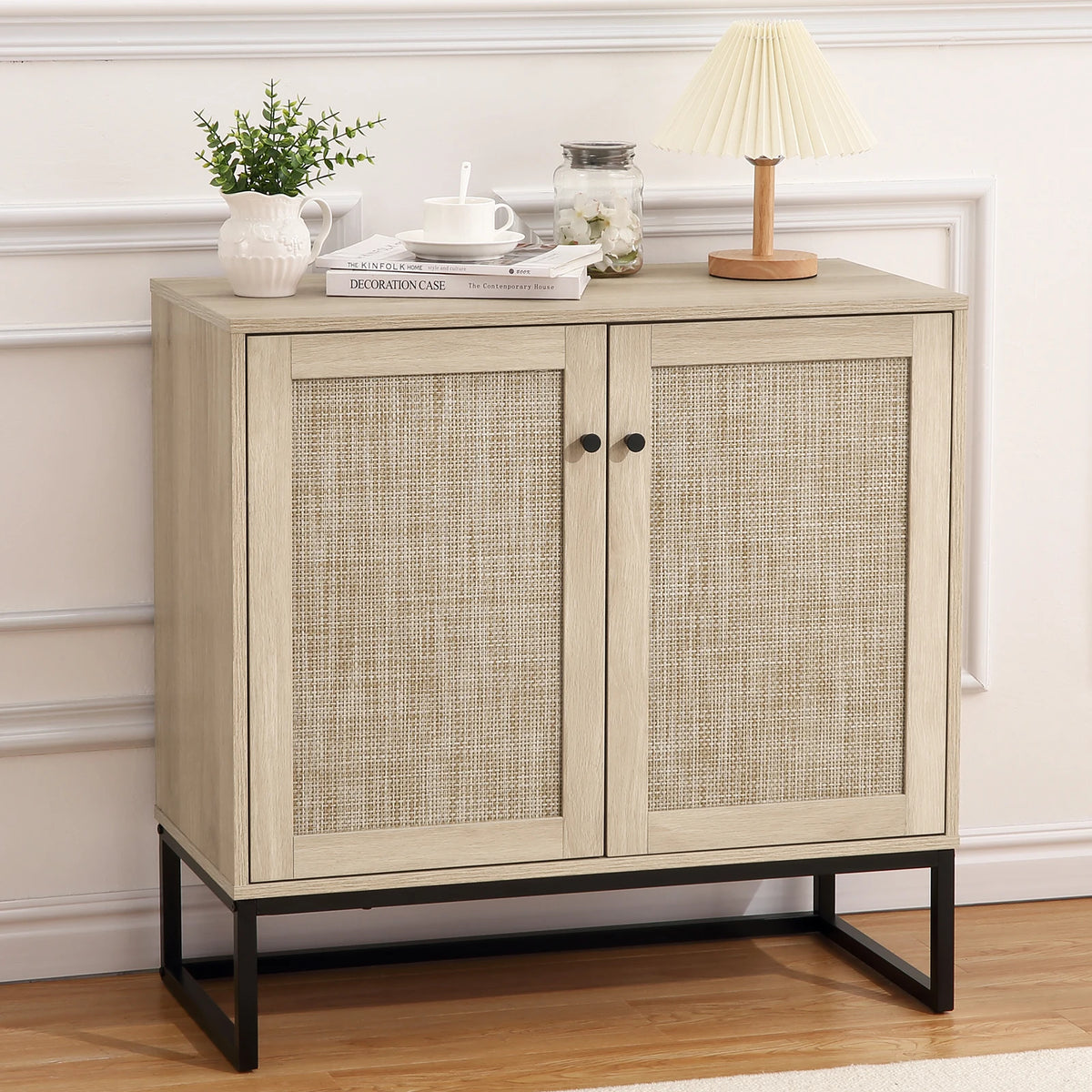 HiMISS Rattan Sideboard Buffet Cabinet With Adjustable Storage Shelves