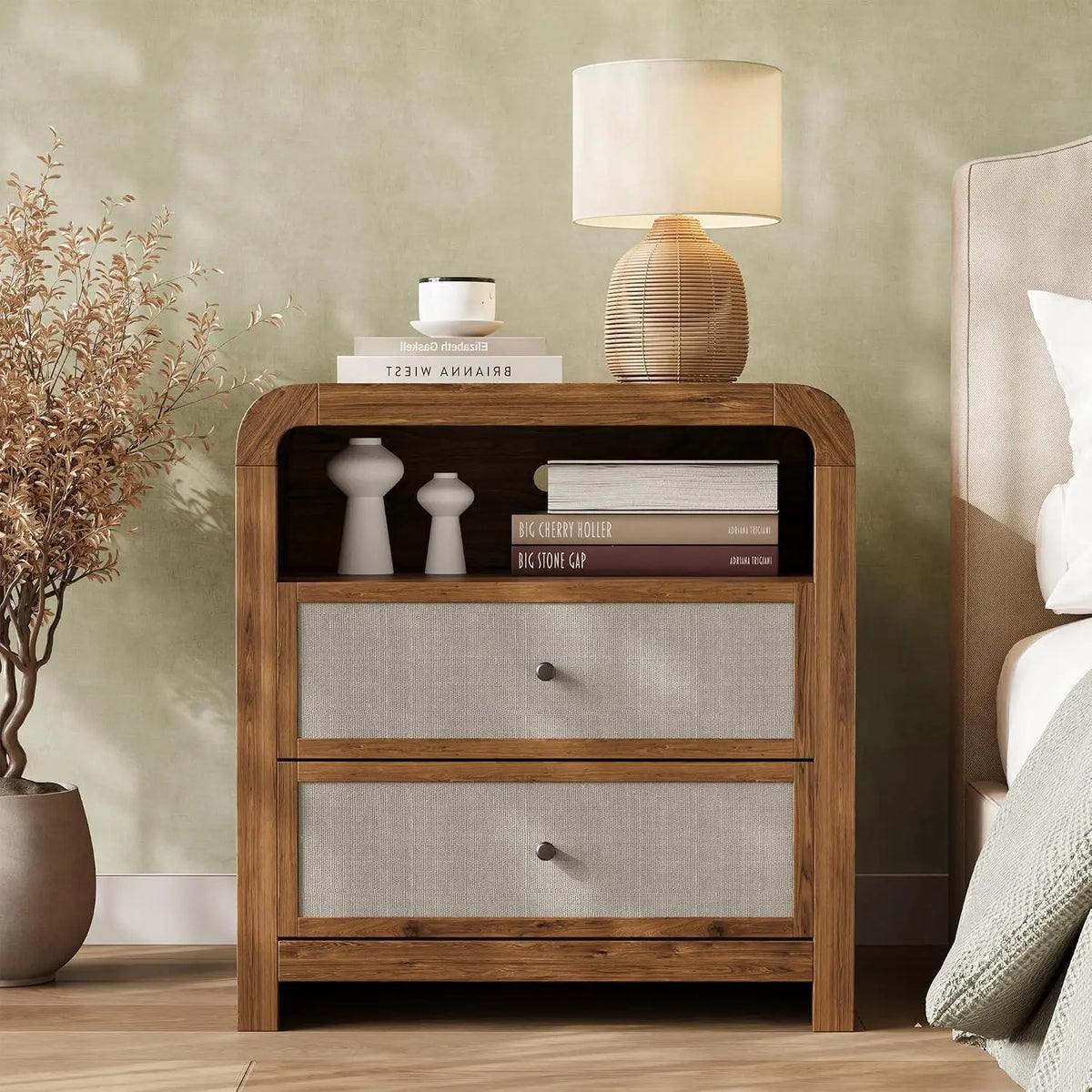 HiMISS Charging Nightstand With Two Drawers USB Ports And Outlets
