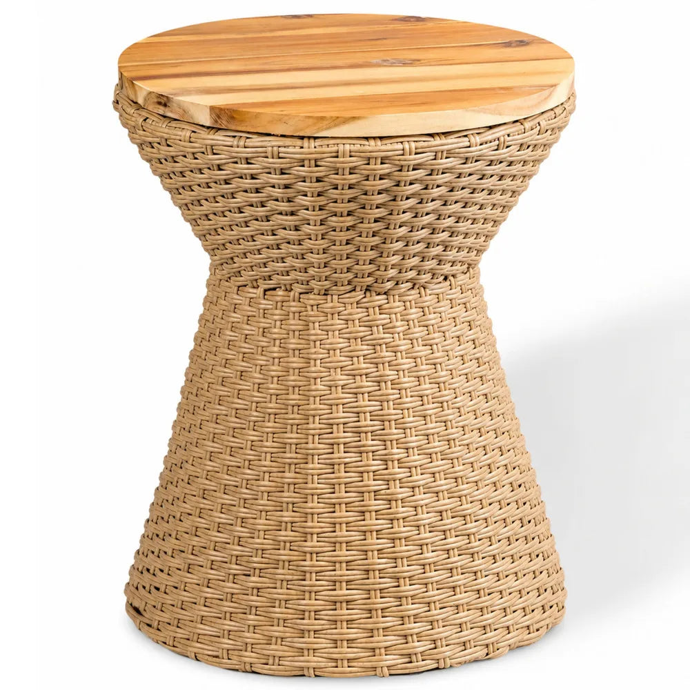 Polyrattan Stool With Wood Lid Indoor Outdoor Accent Side Table