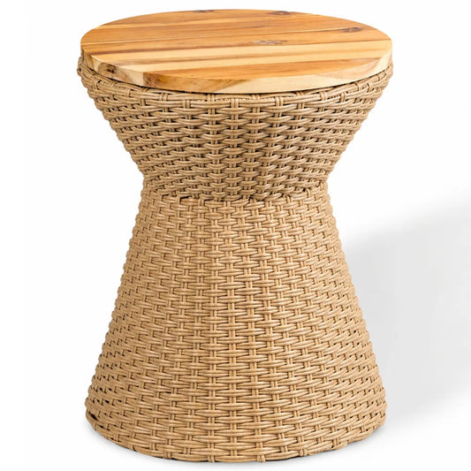 Polyrattan Stool With Wood Lid Indoor Outdoor Accent Side Table