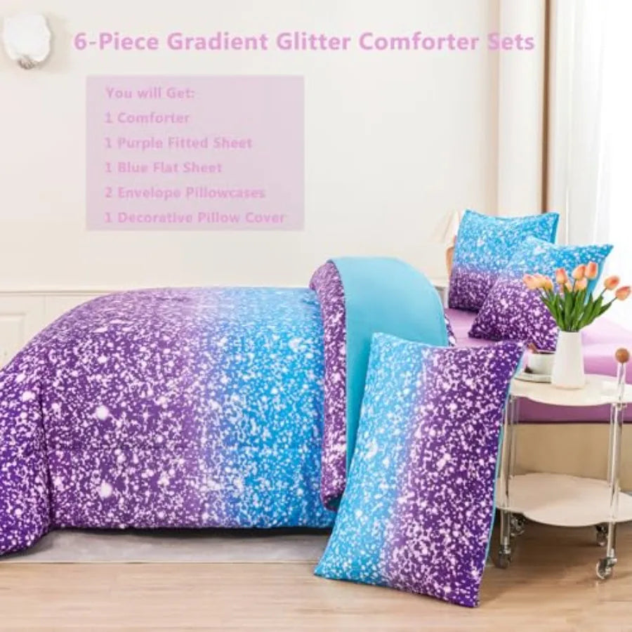 Girls Galaxy Starry Comforter Bedding Set With Matching Pillowcases