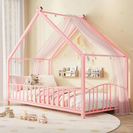 HiMISS Twin House Bed Frame With Safety Rails And Roof