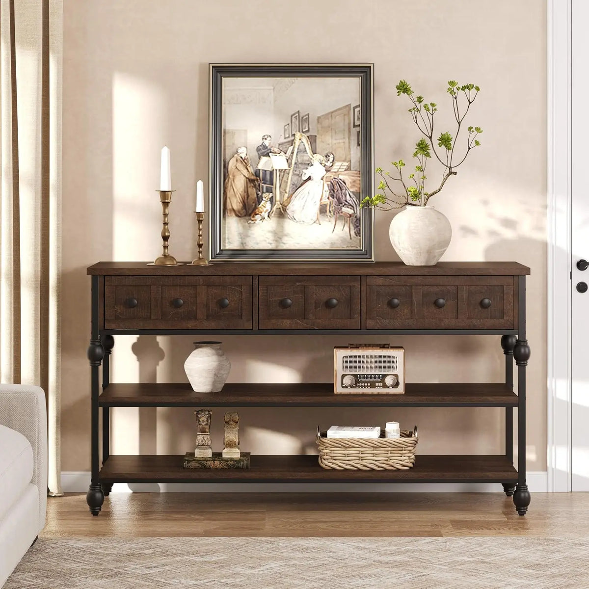 HiMISS Industrial Farmhouse Console Sofa Table With Drawers And Shelves