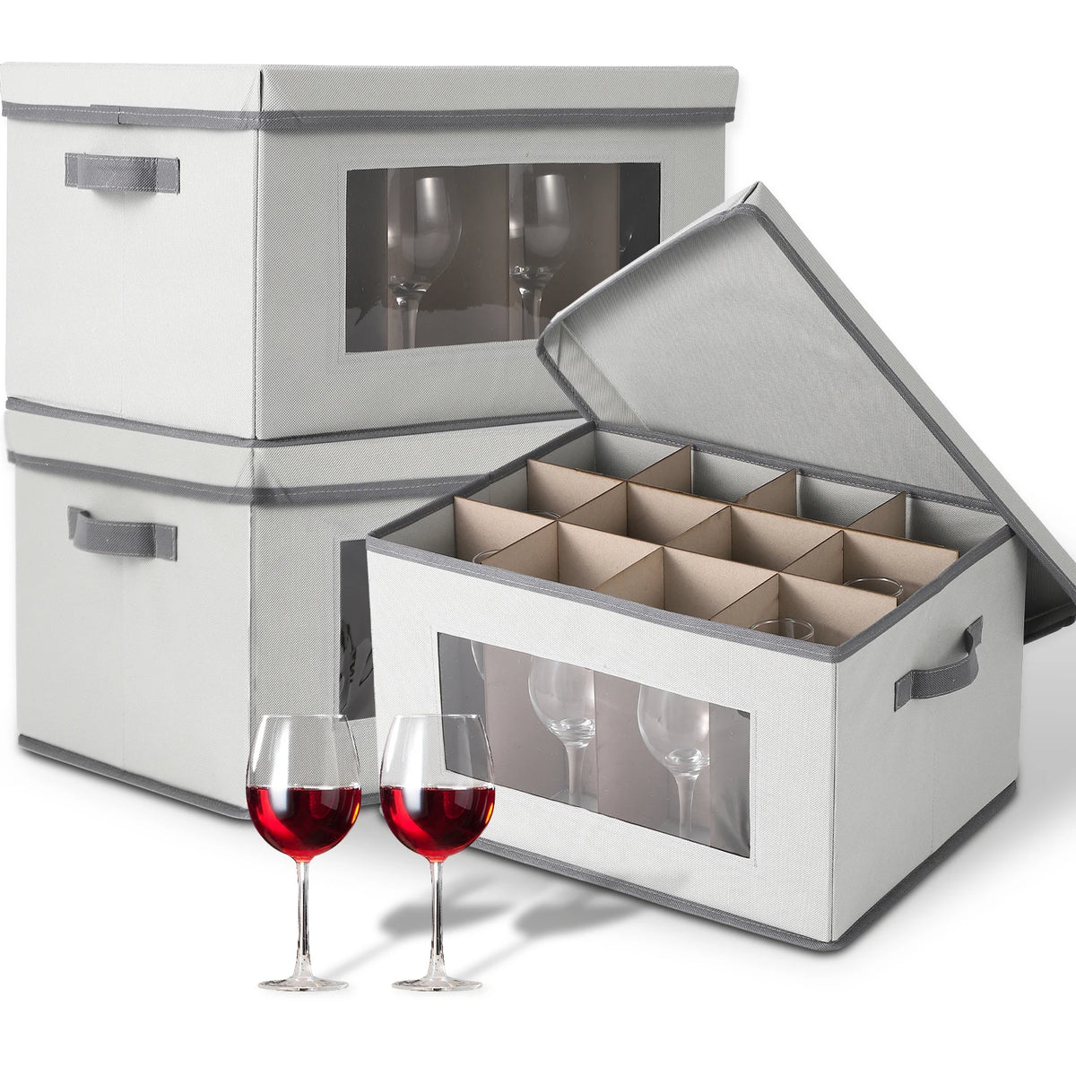 Wine Glass Storage Box, 12 Cells Stemware Storage Case with Clear Window and Divider, Stackable Non-Woven Fabric Wine Glass Organizer for Kitchen, Party and Camping
