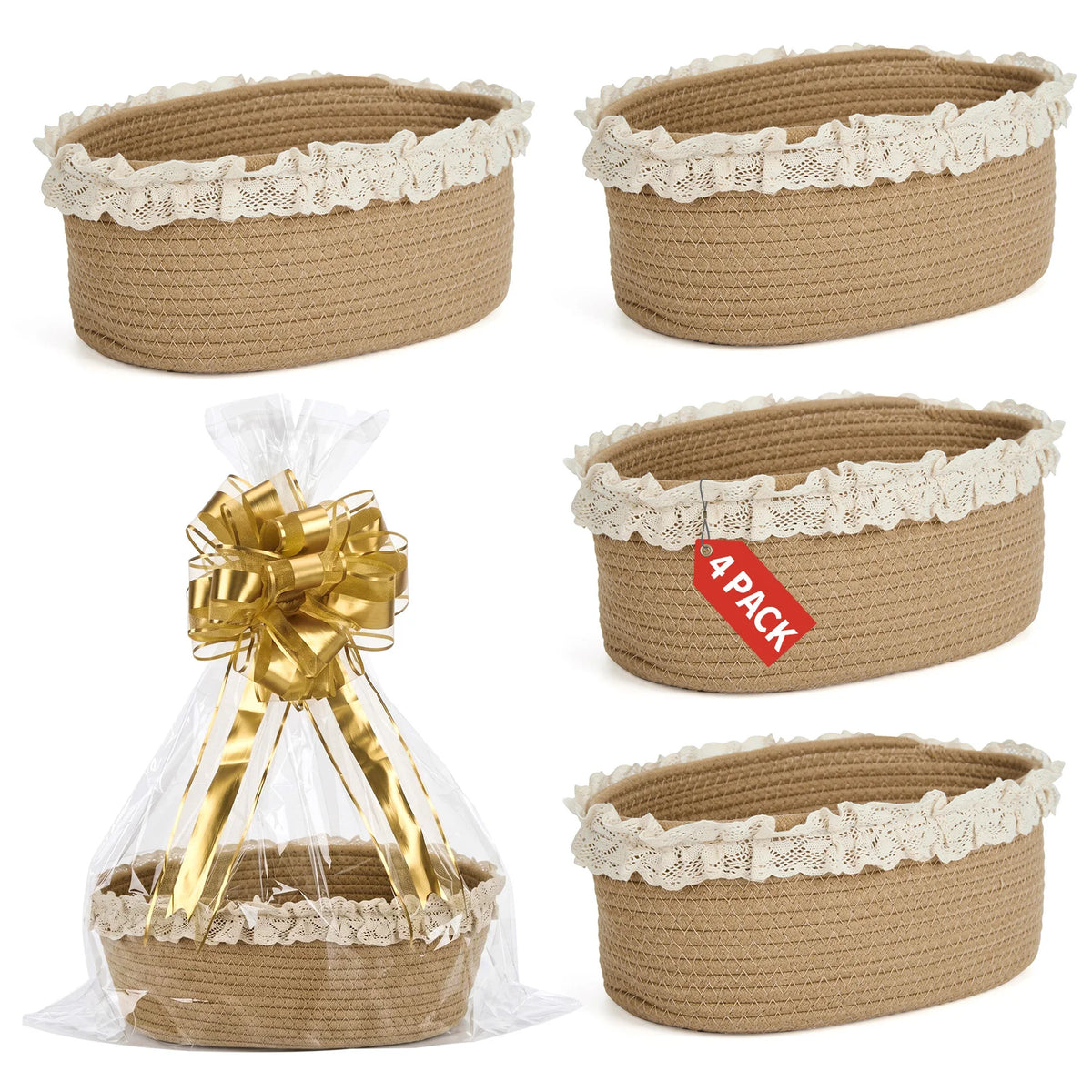 `4 Pack Cotton Rope Storage Baskets with Lace Trim, Woven Oval Organizer Bins with Gift Bags for Home Decor Baby Shower Gifts`