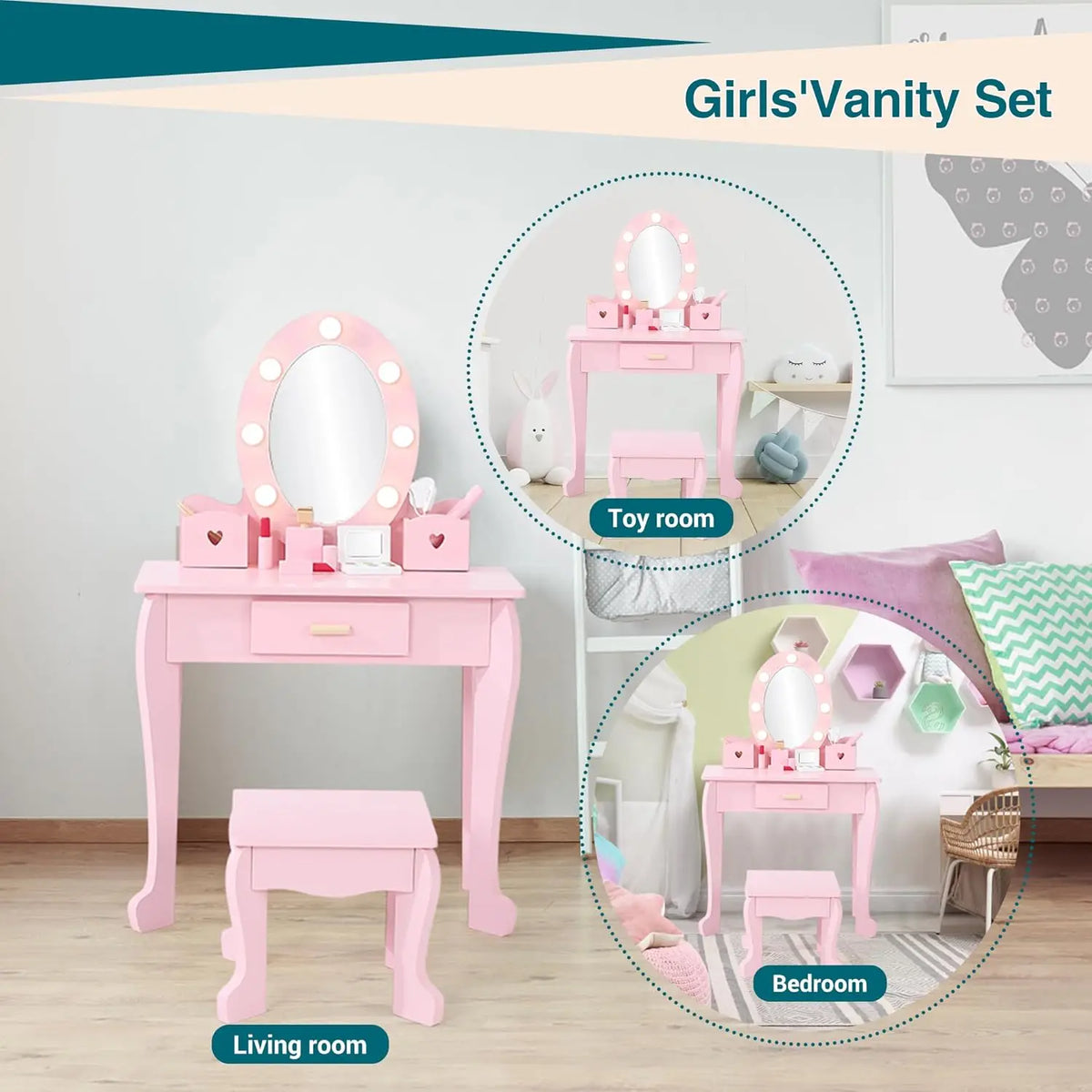 Kids Vanity Table and Stool Set with Light and Mirror for Children