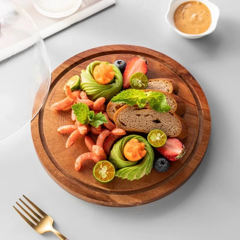 Acacia Wood Pastry Tray with Transparent Glass Cover - Large-Sized Dust-Proof Decorative Plate, Suitable for Wedding Desserts, Fruits, and Snacks