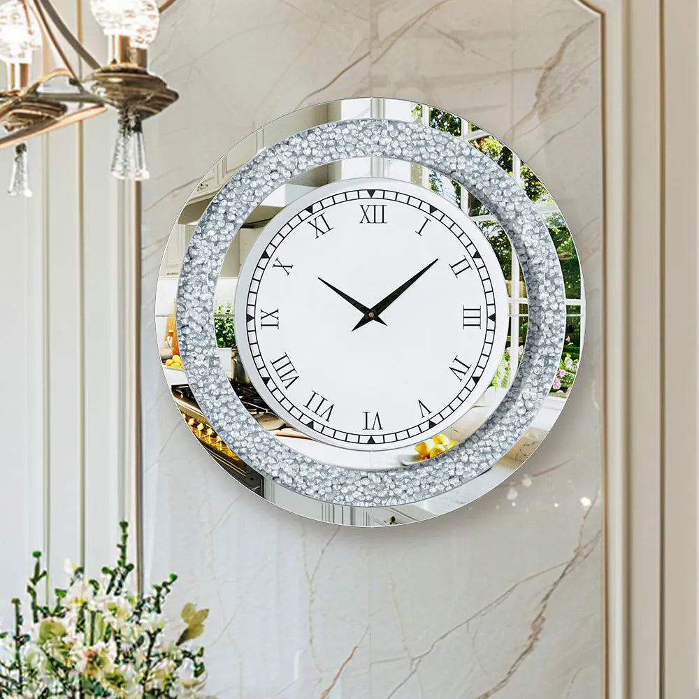 Luxury Mirrored Wall Clock With Crystal Accents Silent Quartz Movement