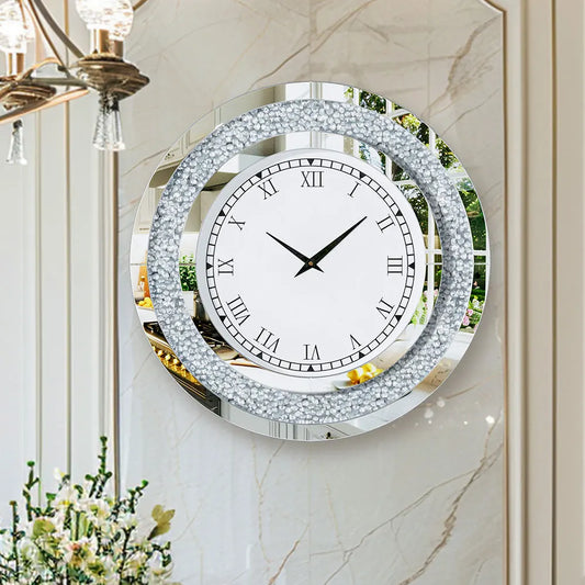 Luxury Mirrored Wall Clock With Crystal Accents Silent Quartz Movement