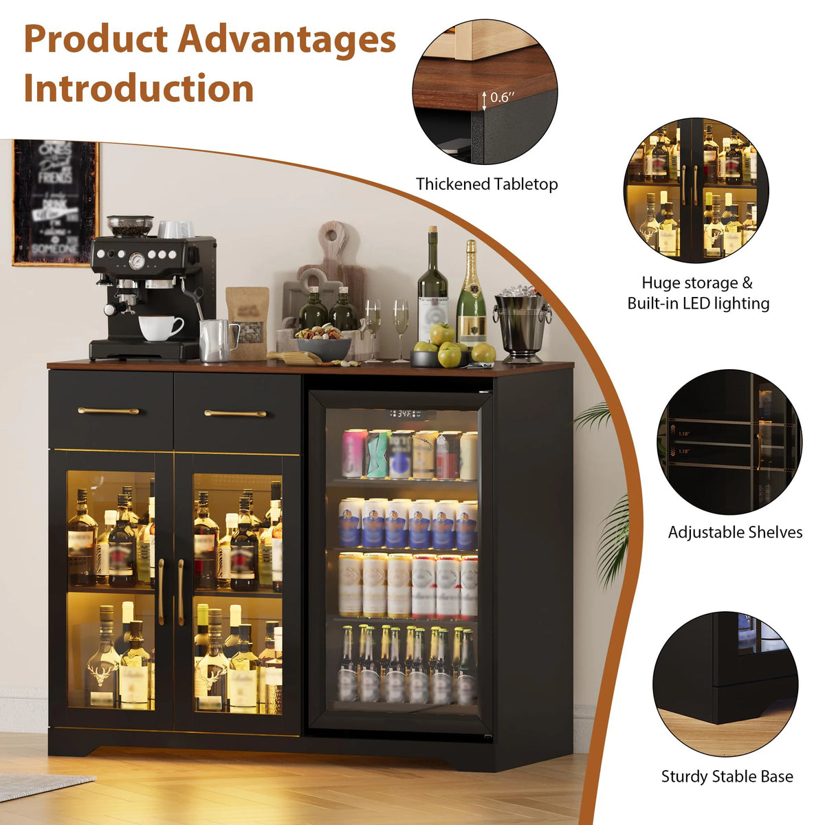 HiMISS Coffee Bar Cabinet With Mini Fridge Space And Storage