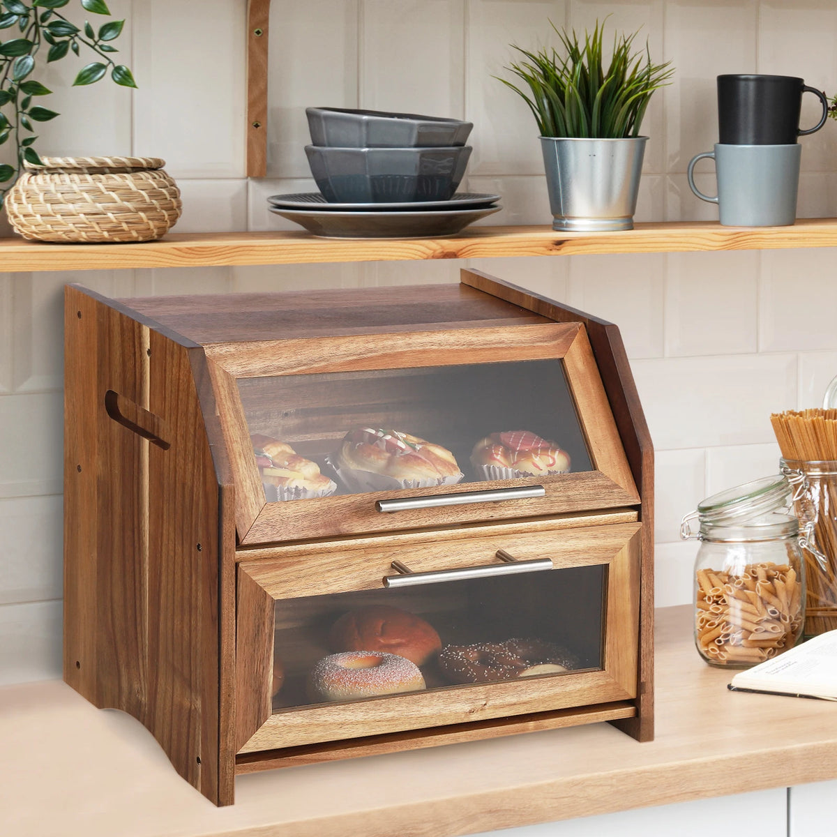 Acacia Wood Bread Box for Kitchen Counter, Double-Layer Bread Storage Bin with Window, Large Capacity Food Storage Keeper for Bread, Pastries and Snacks