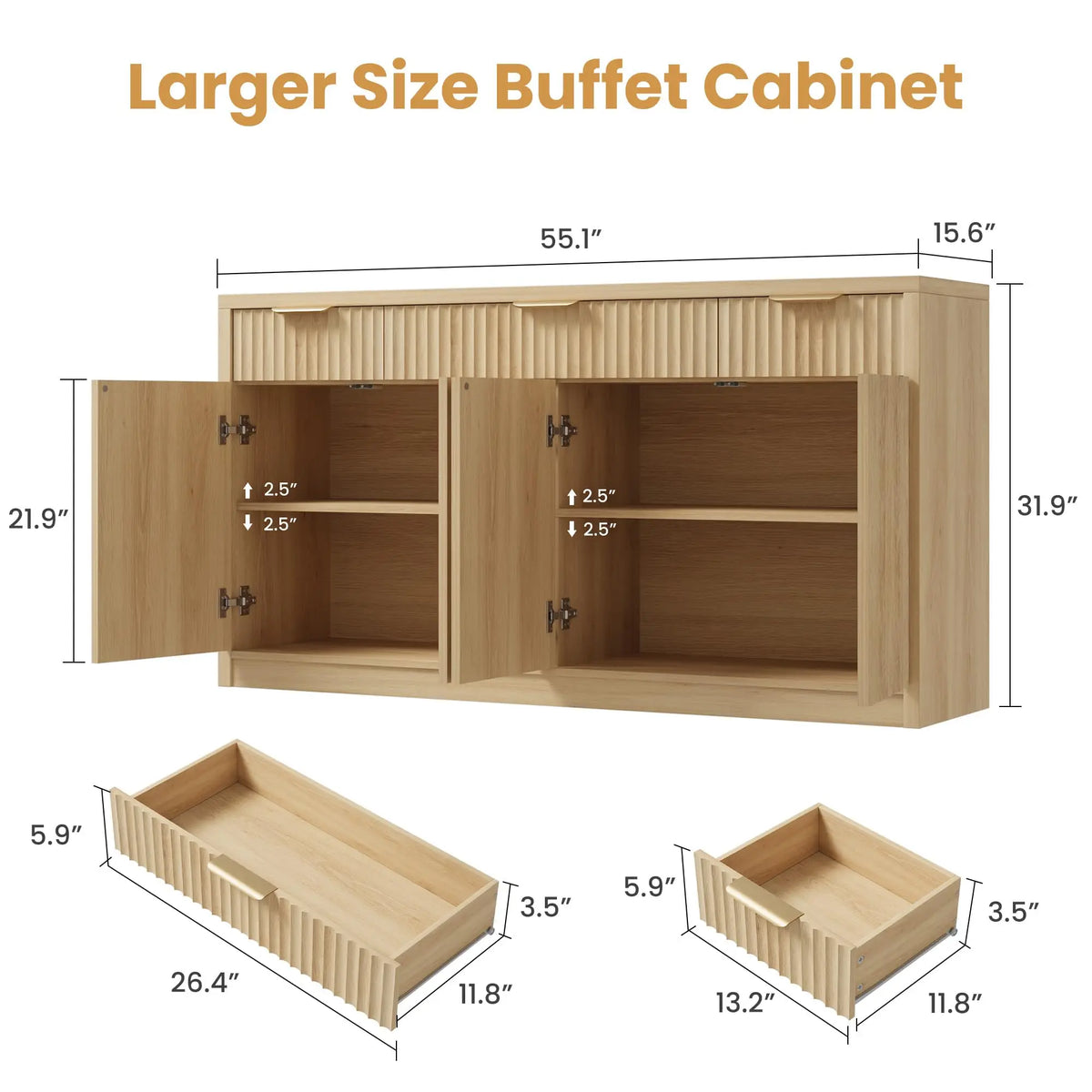 HiMISS Modern Fluted Sideboard Cabinet With Drawers And Adjustable Shelves