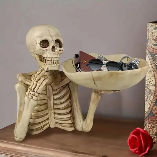 Skull Tray Ornament With Bowl Skeleton Gothic Halloween Decor