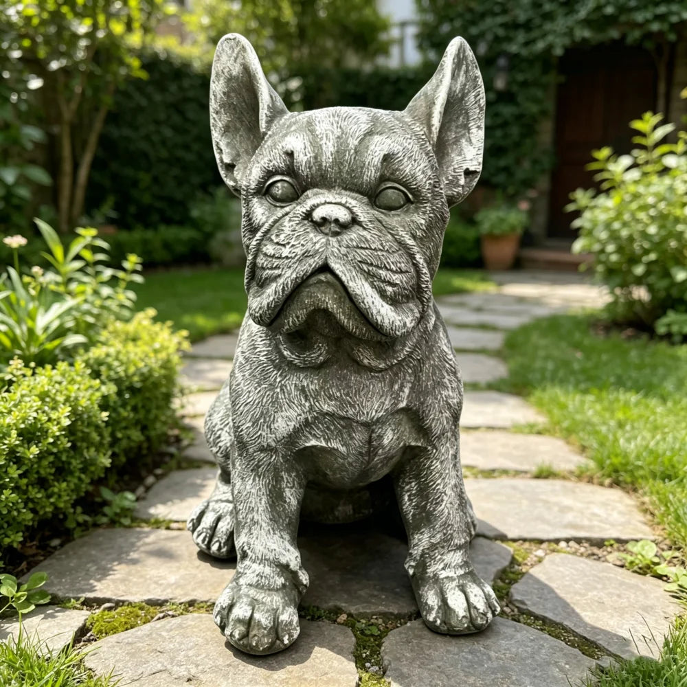 Outdoor French Bulldog Statue Rustic Stone Finish Garden Decor