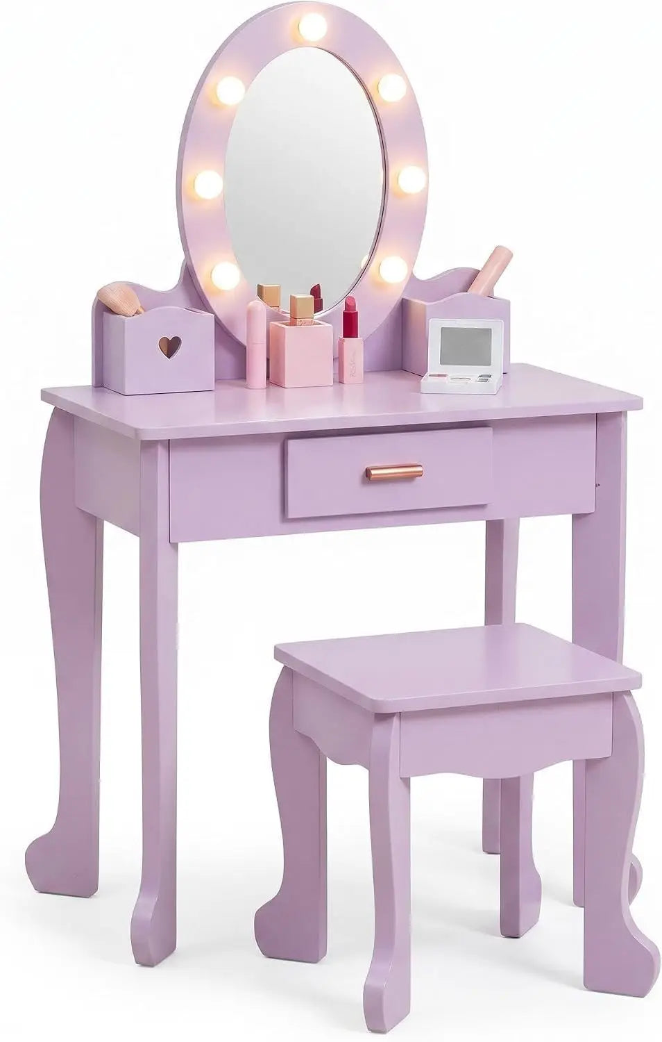 Kids Vanity Table and Stool Set with Light and Mirror for Children