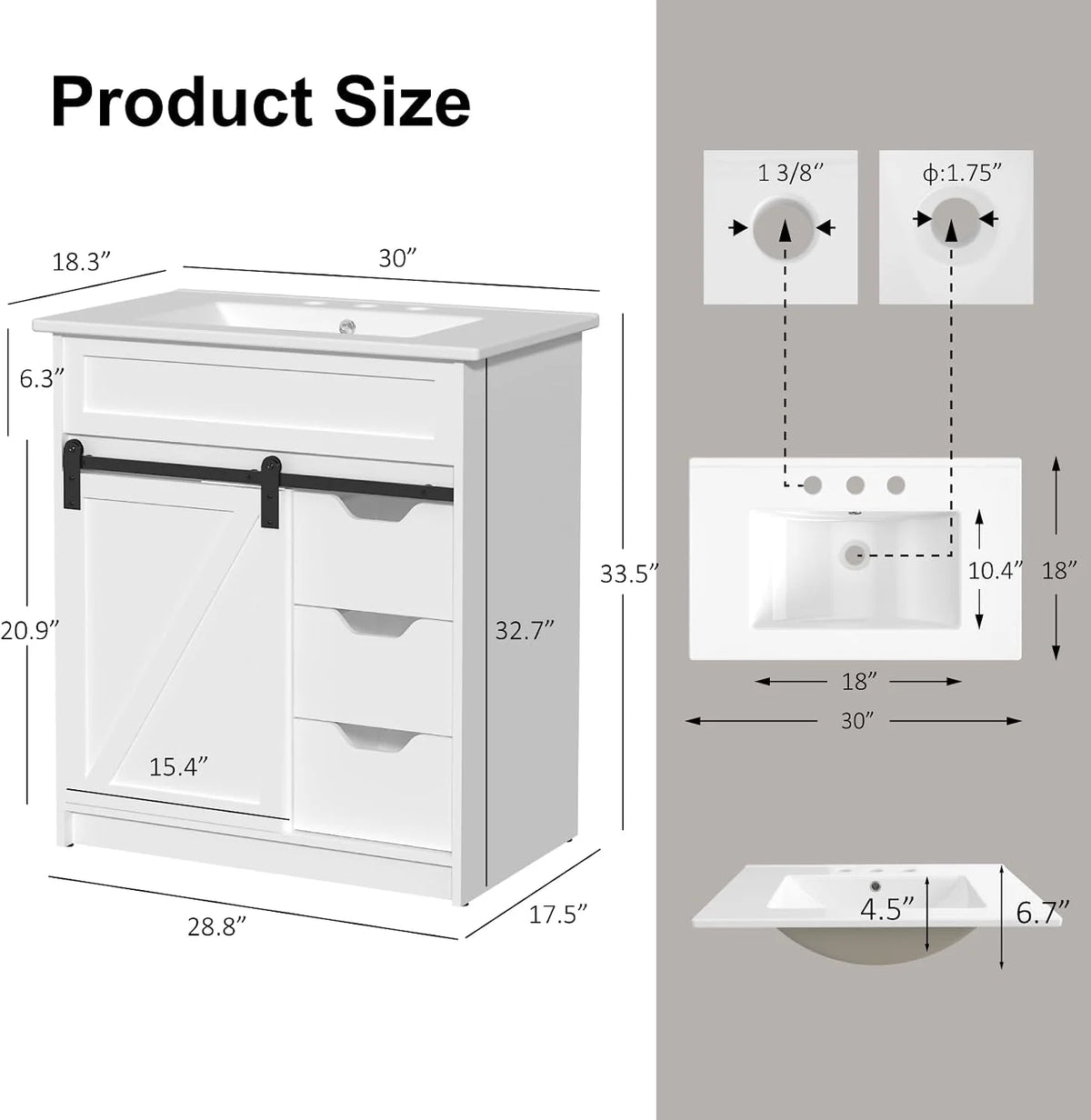 EVOKEDEN Farmhouse Bathroom Vanity With Sink And Barn Door Storage