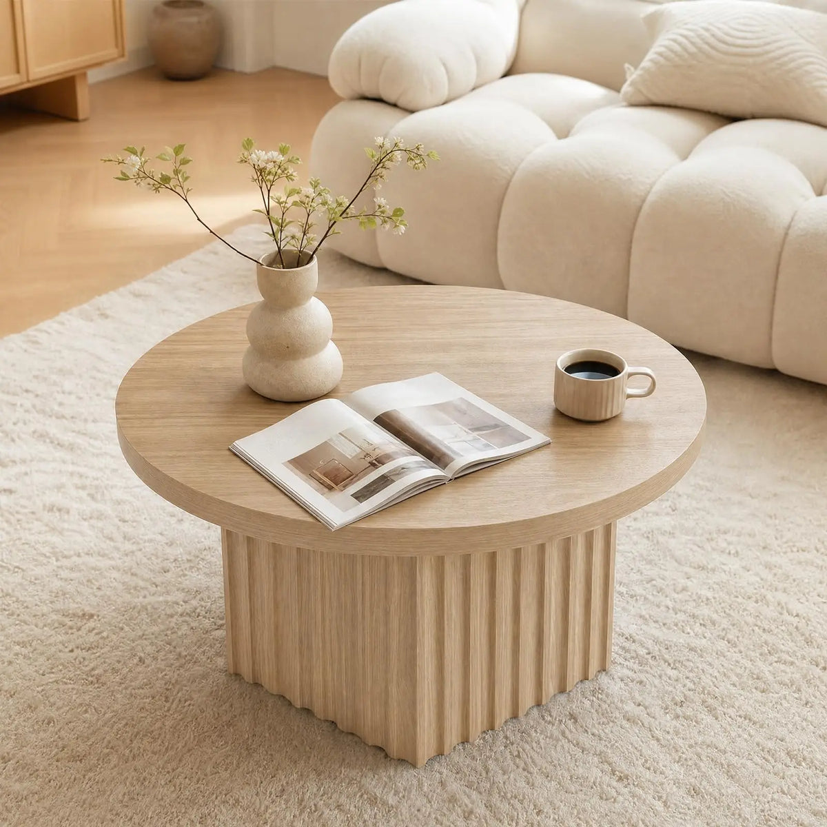 HiMISS Modern Fluted Wood Pedestal Coffee Table for Living Rooms