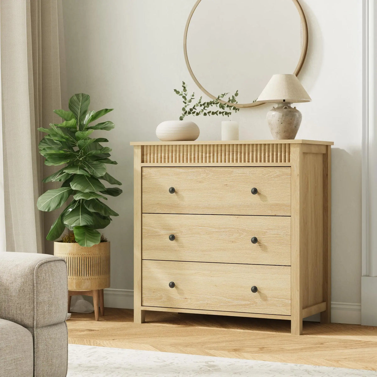 HiMISS Fluted Nightstand With Three Drawers For Bedroom Storage