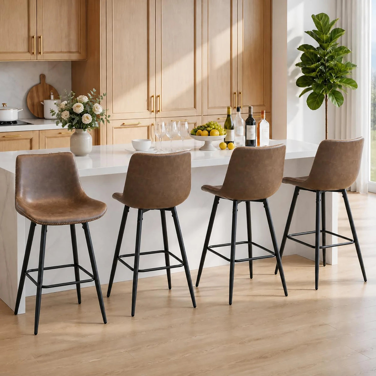 HiMISS Faux Leather Bar Stools With Backs Set Of Four