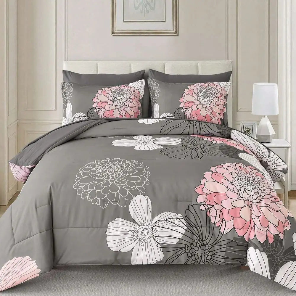 Floral Pattern Microfiber Seven Piece Comforter Set with Pillow Shams
