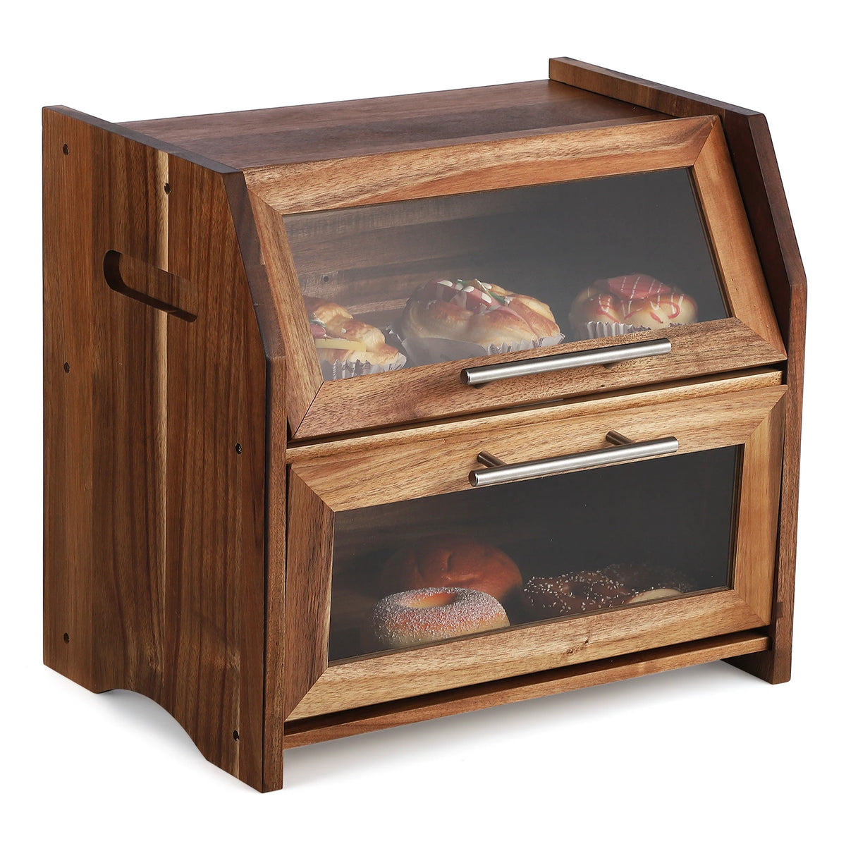 Acacia Wood Bread Box for Kitchen Counter, Double-Layer Bread Storage Bin with Window, Large Capacity Food Storage Keeper for Bread, Pastries and Snacks