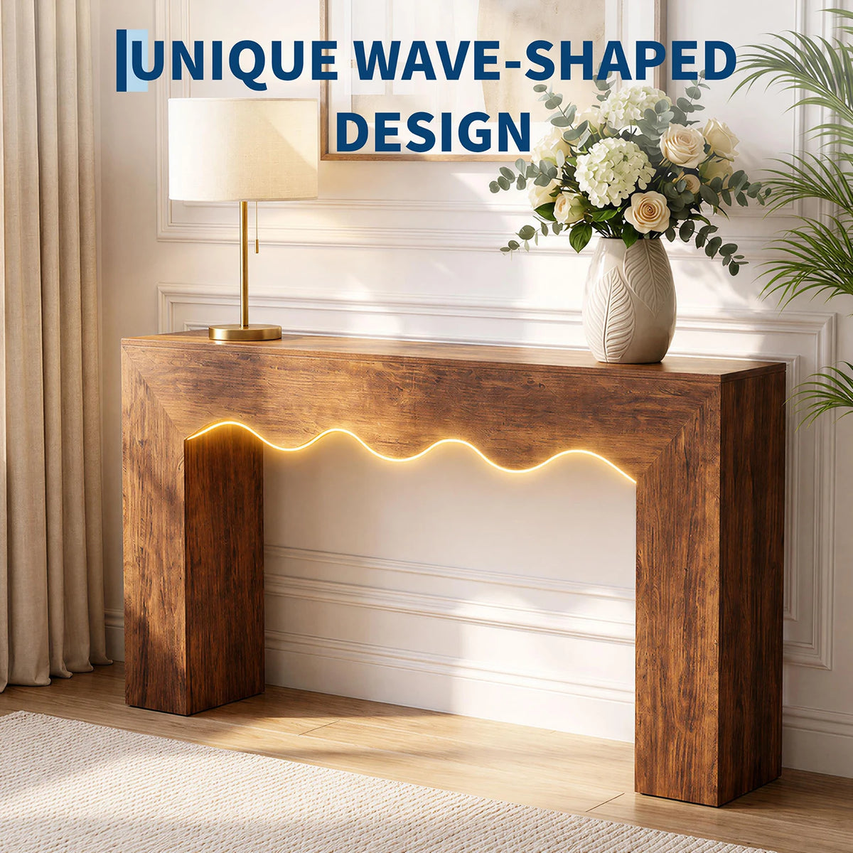 HiMISS Farmhouse Wave Edge Wooden Console Table for Entryway