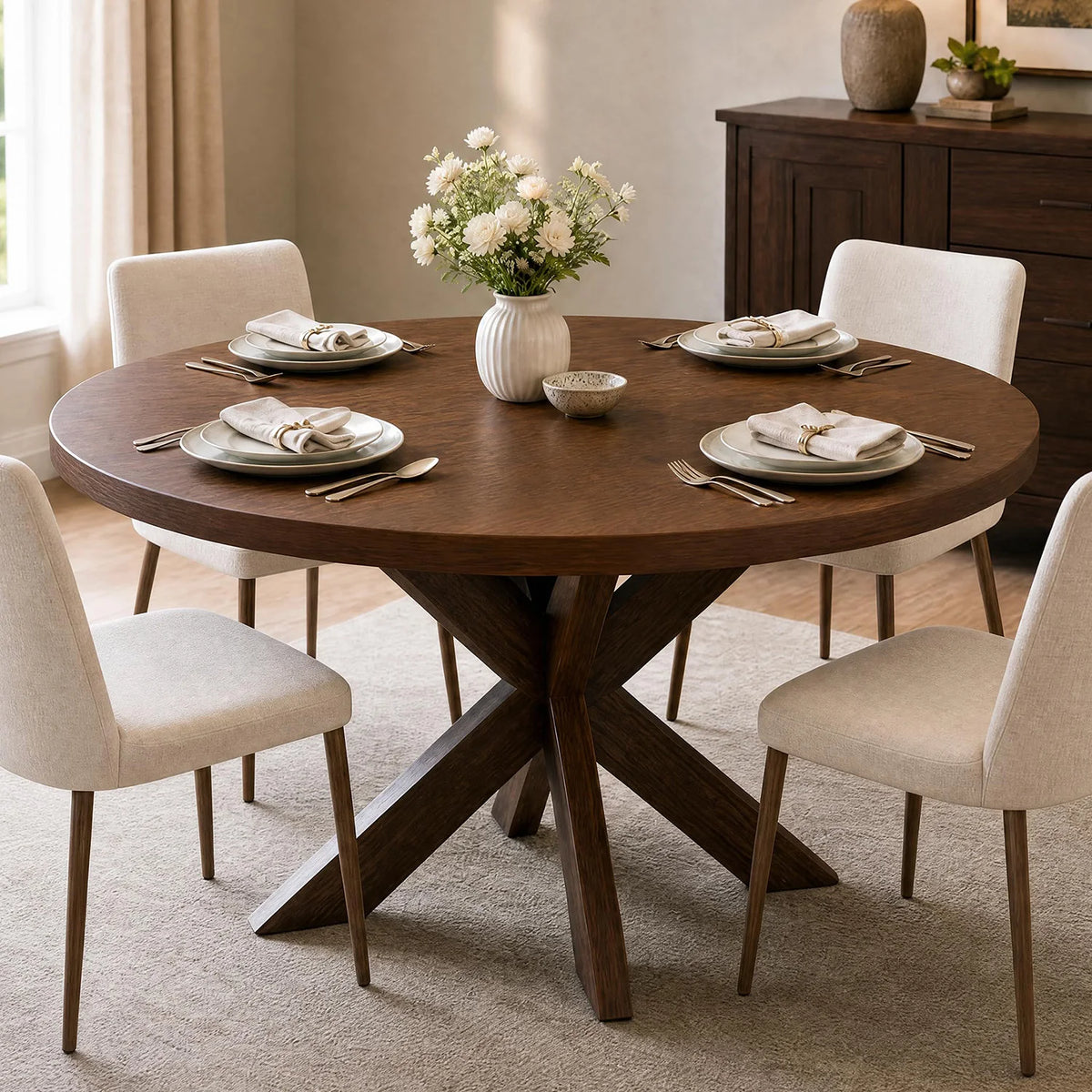 HiMISS Farmhouse Round Dining Table With X Pedestal Base