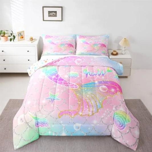 Girls Rainbow Tail Reversible Comforter Set With Star Print Bedding