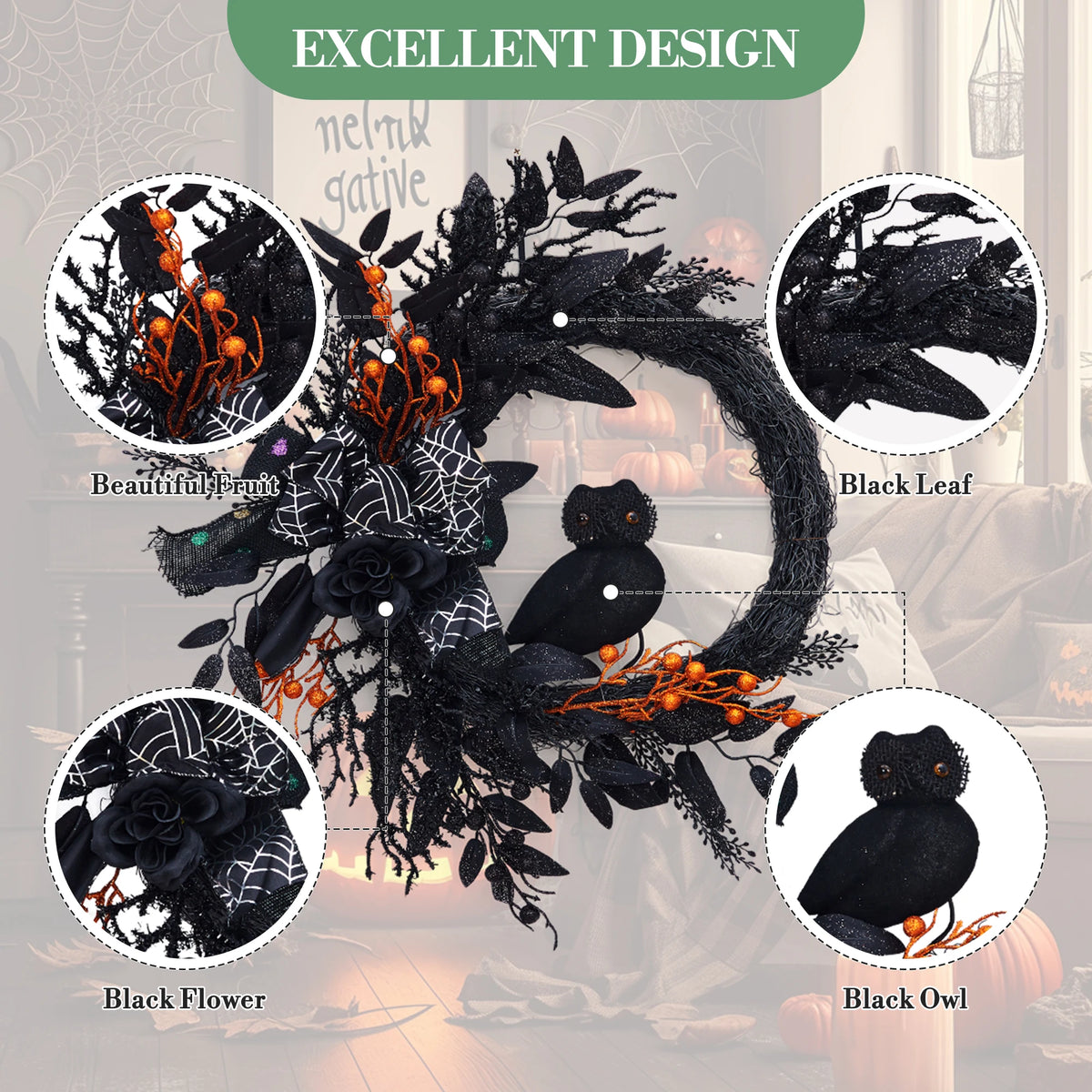 22 Inch Halloween Wreath, Black Artificial Wreath with Owl, Bow, Spider Web, Black Leaves and Orange Berries, Halloween Front Door Wall Decor for Home Party