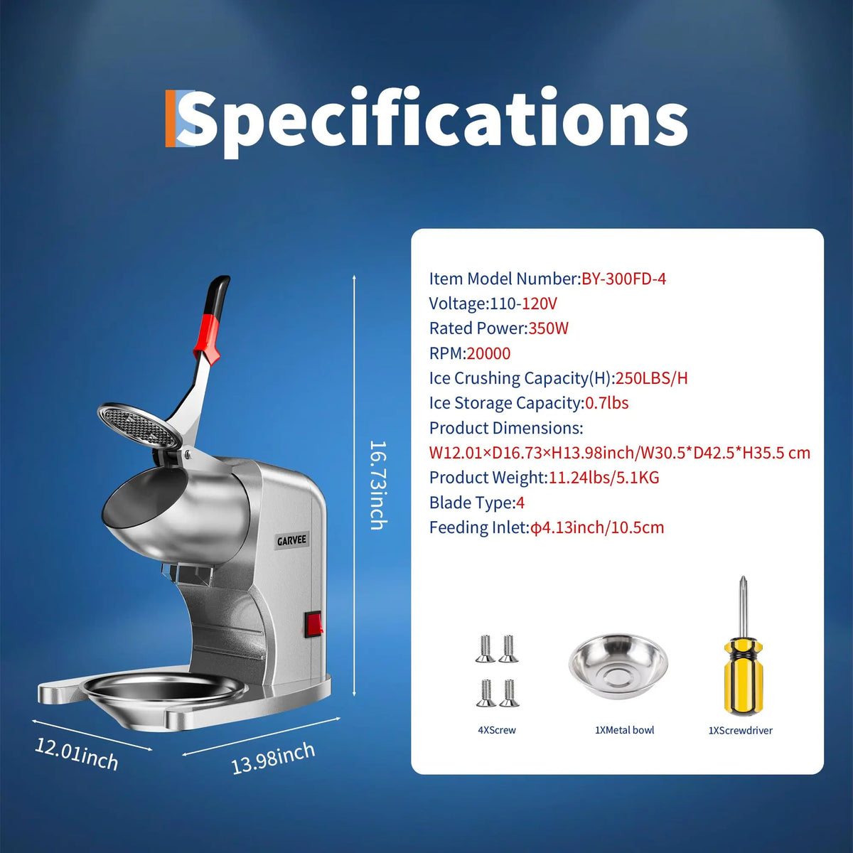350W Electric Ice Crusher Machine, 250LBS/H Commercial Ice Shaver with 4 Blades, 20000RPM Snow Cone Maker for Shaved Ice, Smoothies and Cocktails
