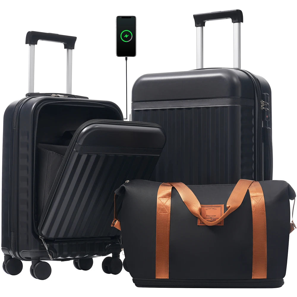Hardside Luggage Set With USB Port Expandable Suitcases And Tote