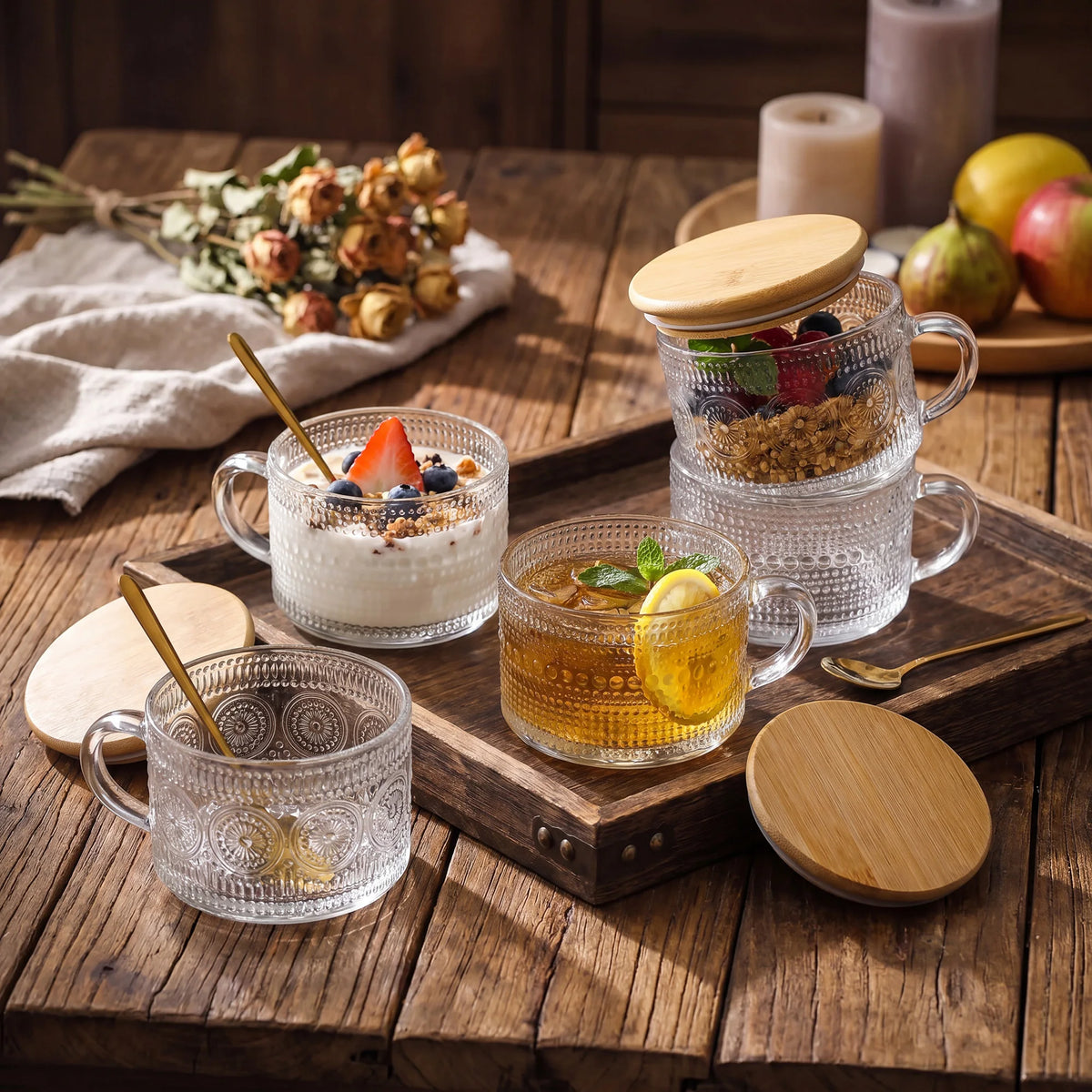 14 OZ Glass Coffee Mugs Set, 4-Piece Vintage Embossed Cups with Bamboo Lids and Spoons for Coffee Oatmeal Yogurt