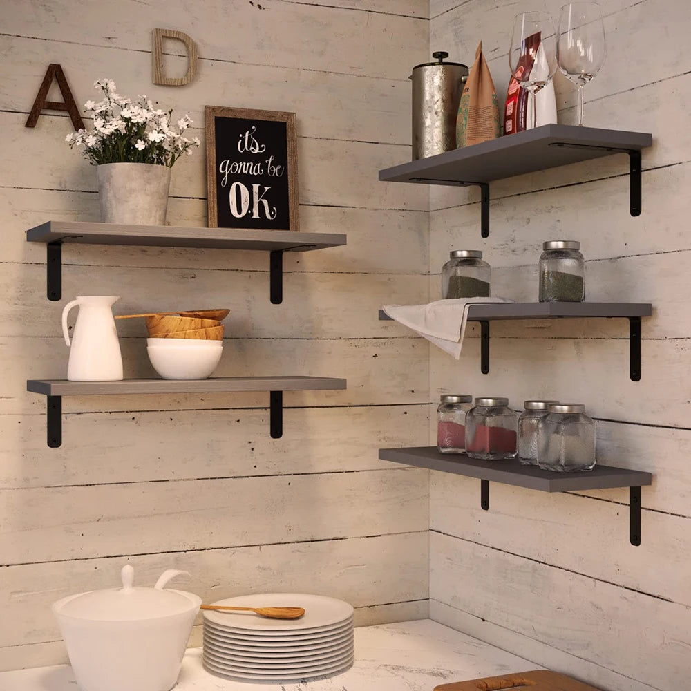 Rustic Floating Wall Shelves With Metal Guardrails Set Of Five