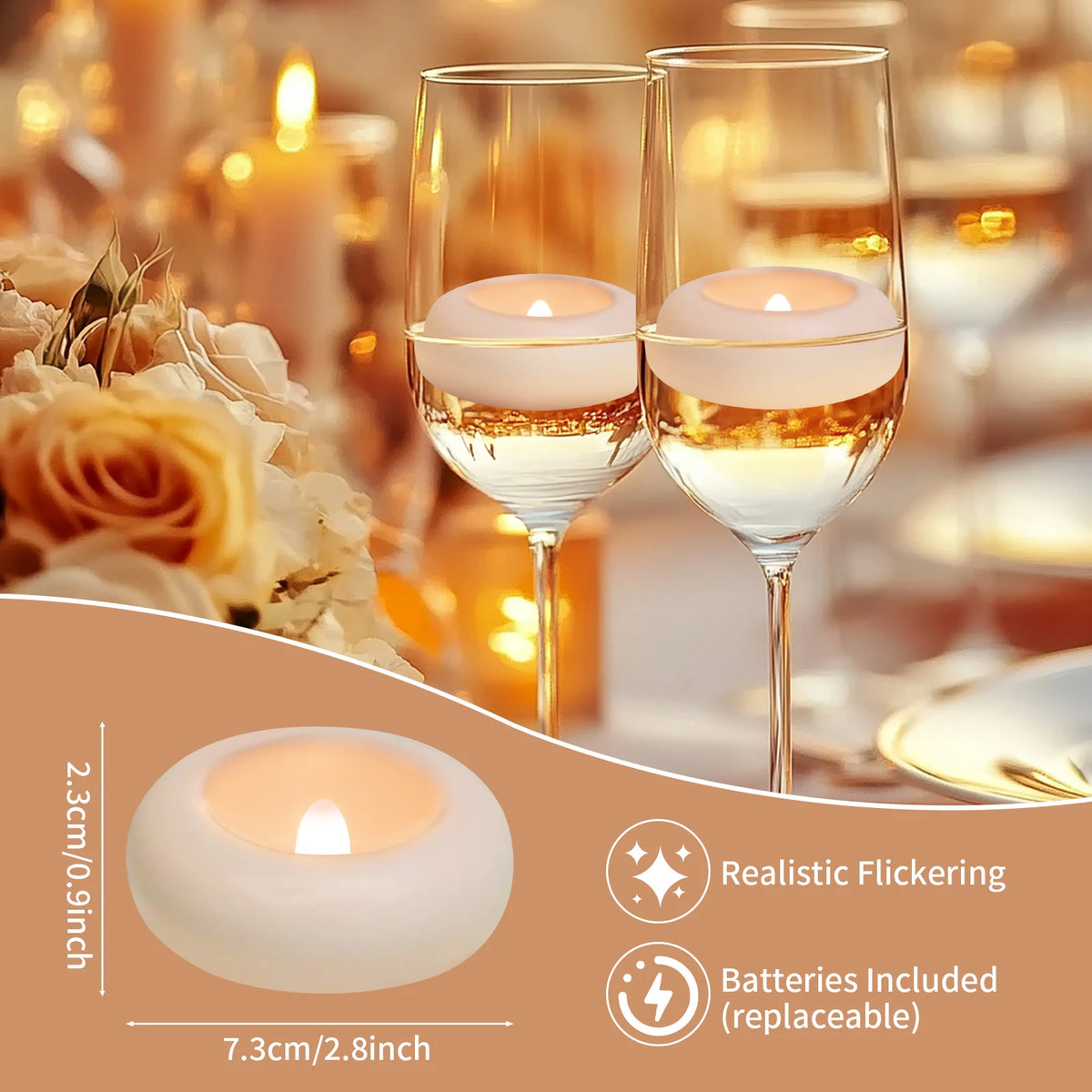 6/24 Pack Waterproof Flameless Floating Candles Bulk LED Tea Lights Water-Activated Flickering for Wedding Centerpieces Vases Parties and Home Decor