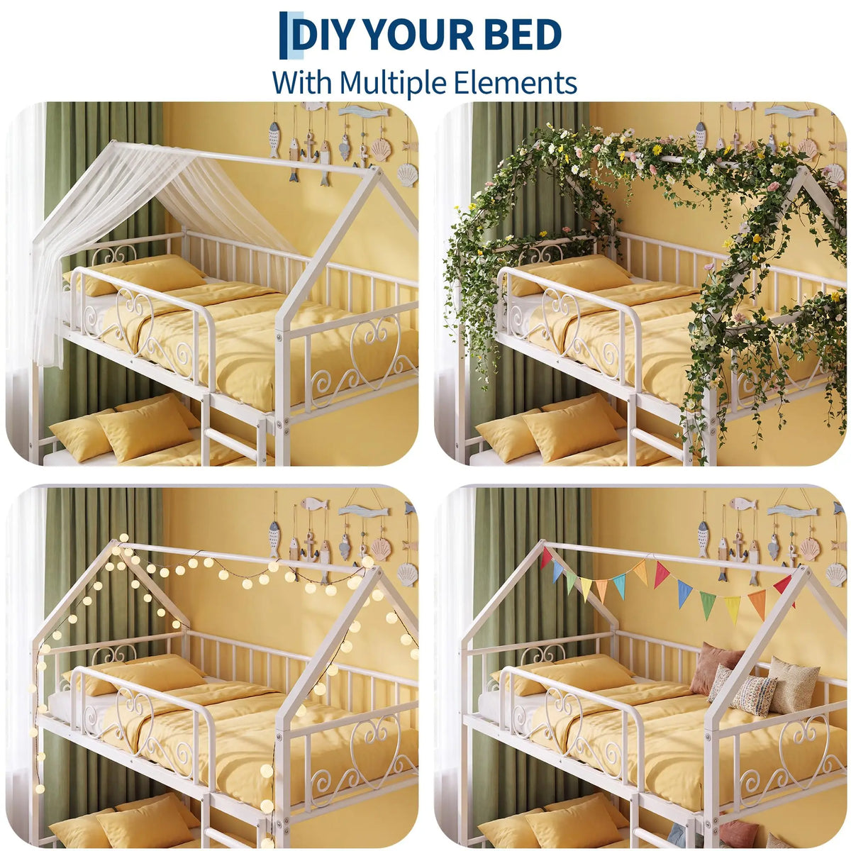 HiMISS House Style Metal Bunk Bed With Ladder And Guardrails