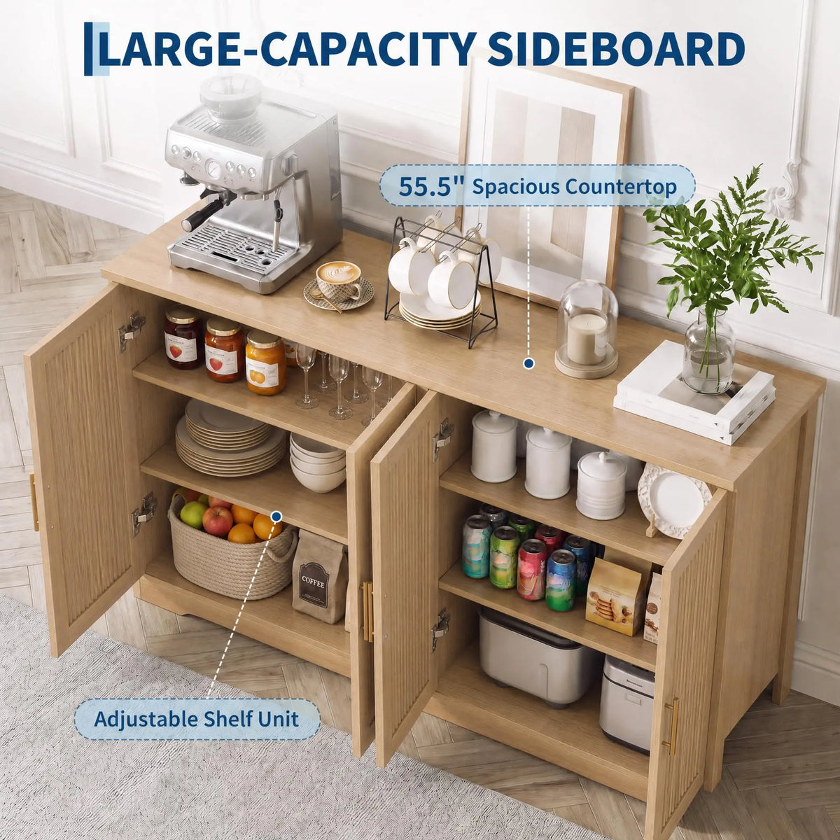 HiMISS Fluted Sideboard Cabinet With Adjustable Shelves And Wine Rack