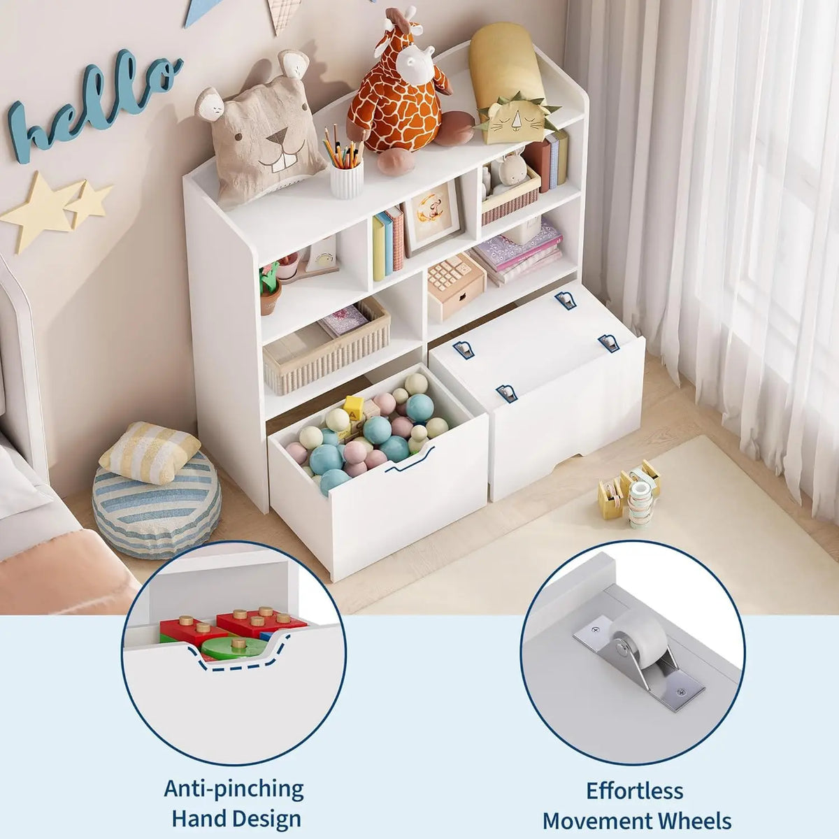 HiMISS Toy Storage Organizer With Rolling Drawers And Open Cubbies