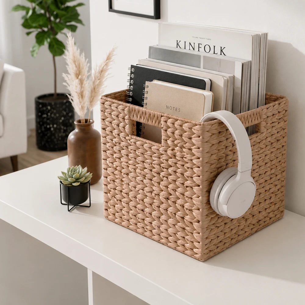 Water Hyacinth Folding Storage Baskets With Handles, Set Of 4