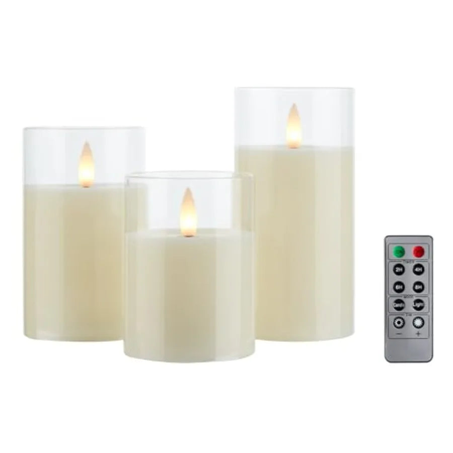 Glass Flameless Pillar Candles With Led Flickering Flames And Remote Timer