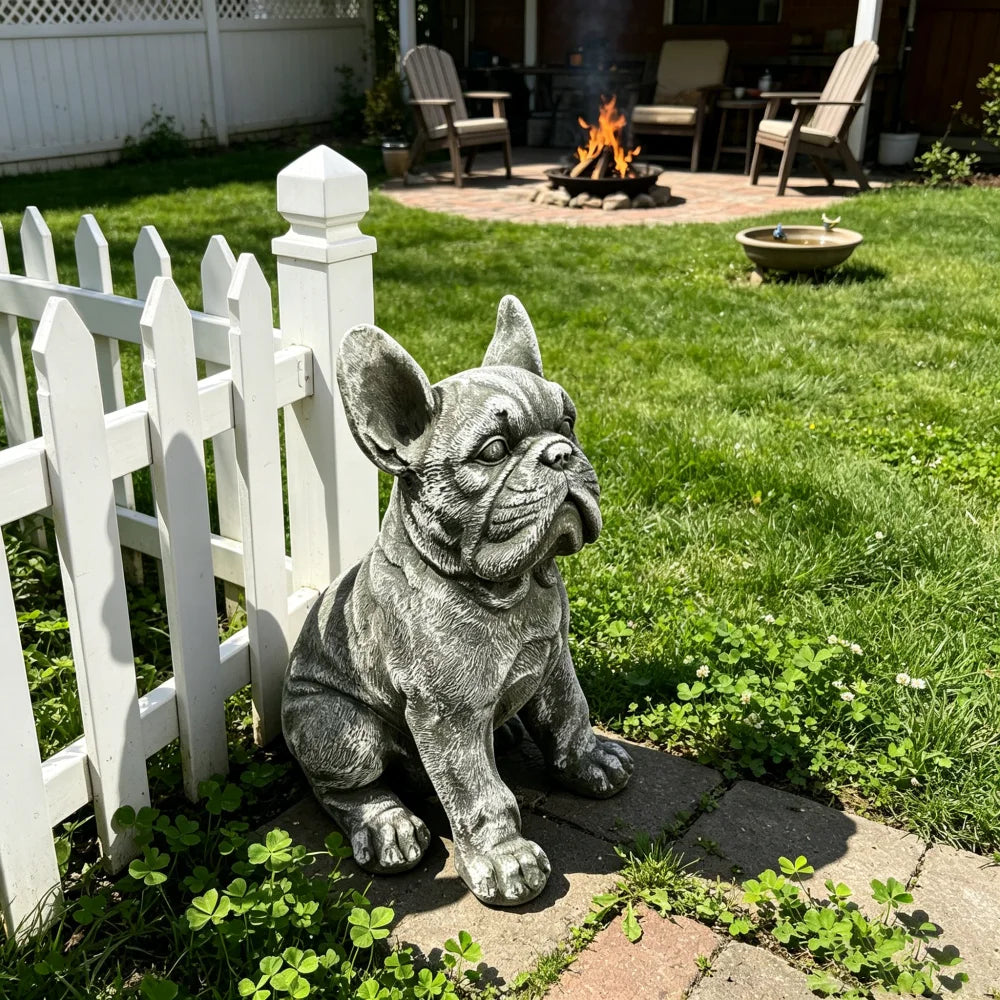 Outdoor French Bulldog Statue Rustic Stone Finish Garden Decor
