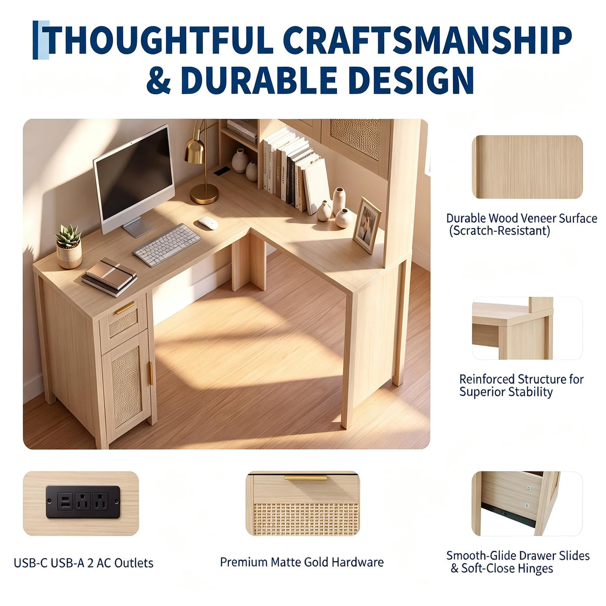 HiMISS L Shaped Corner Desk With Bookshelf Cabinet And Storage
