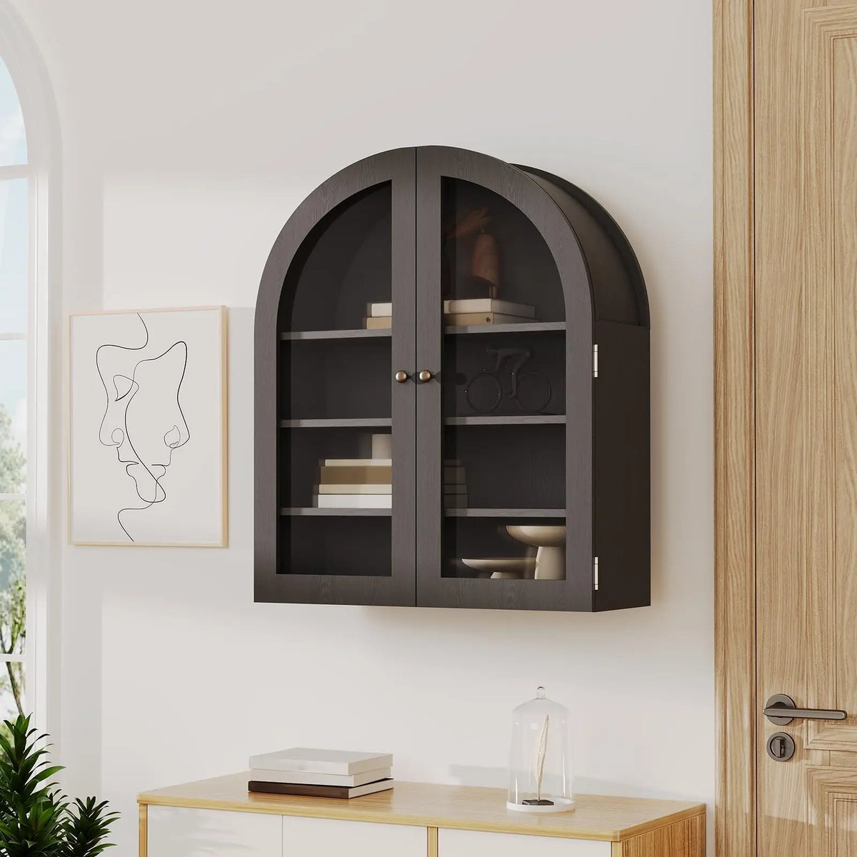 Wooden Arched Wall Cabinet, 24"×9.1"×27.6" Bathroom Kitchen Storage Cabinet, Double Doors Adjustable Shelf Modern Home Display Organizer
