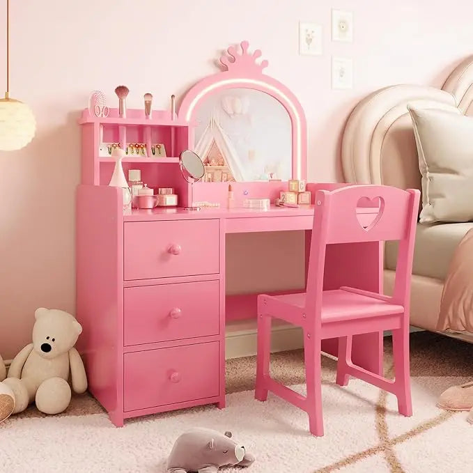 HiMISS Kids Vanity Desk With Lights And Chair For Girls