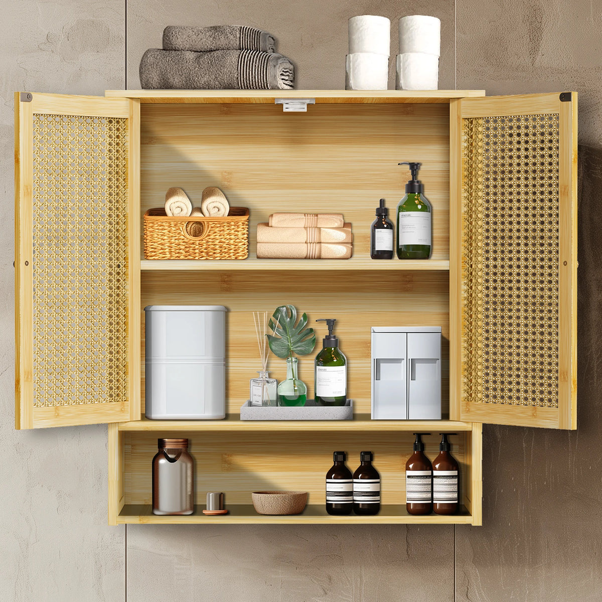 Wisfor Wall Mounted Bamboo Medicine Cabinet With Two Rattan Doors