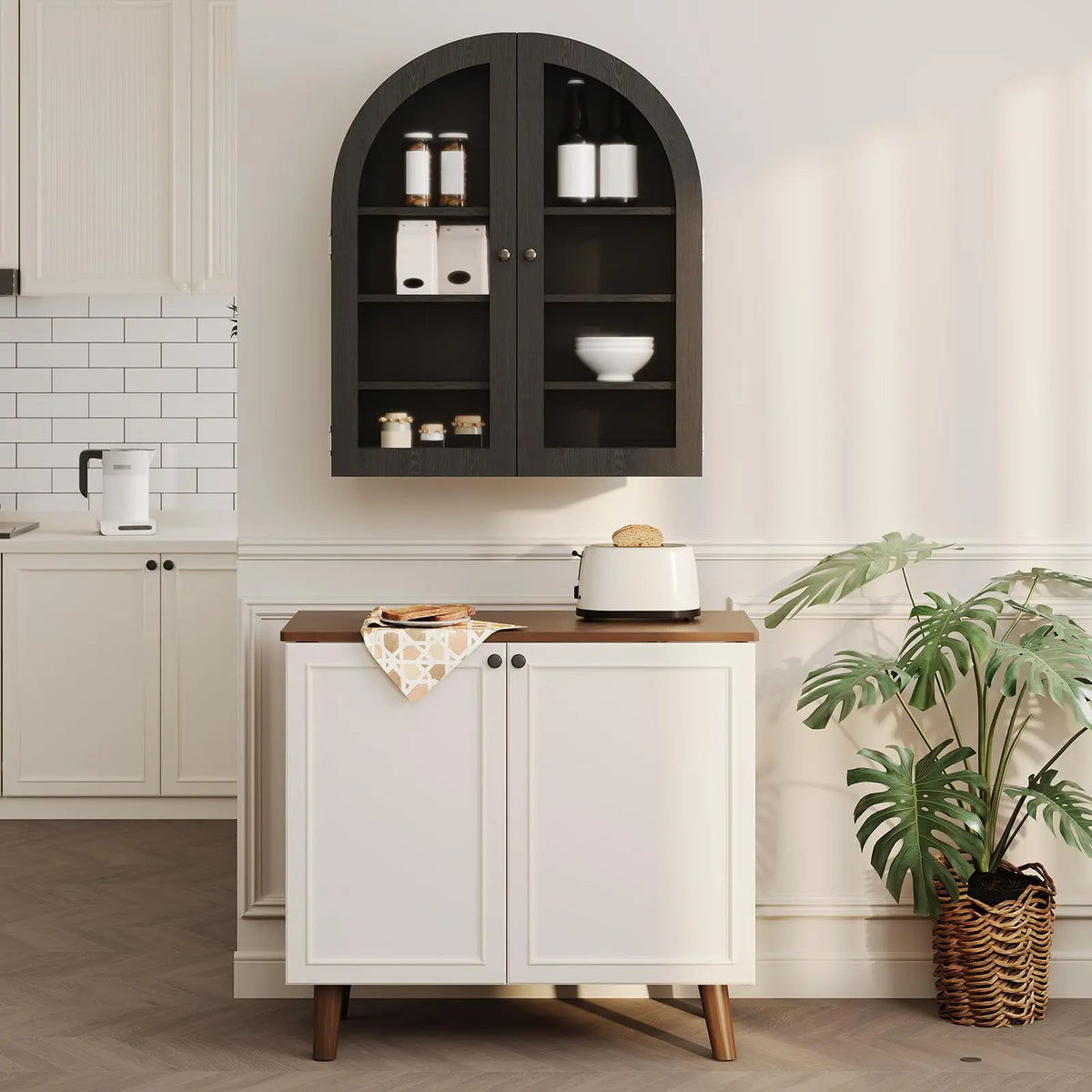 Wooden Arched Wall Cabinet, 24"×9.1"×27.6" Bathroom Kitchen Storage Cabinet, Double Doors Adjustable Shelf Modern Home Display Organizer